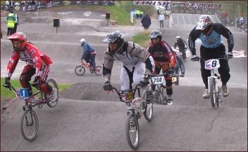 Flying over the track's bumps, Shaun Andrews (1), Mark Graham (780) and Nigel Whyte (8) wend their way around Burnham-On-Sea's BMX track.