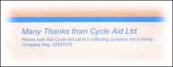 The small print on the leaflet from Cycle Aid Ltd