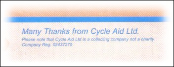 The small print on the leaflet from Cycle Aid Ltd