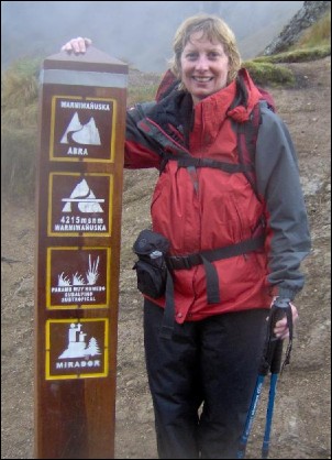 Debbie at the highest point - 4,215m - on her trek in Peru