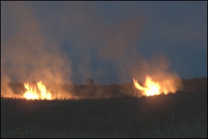 Flames in the dunes with Berrow Church's tower in the background