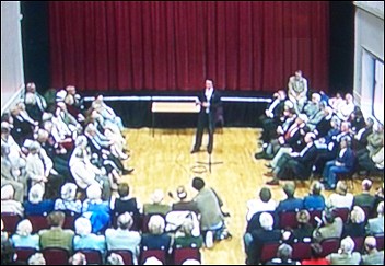 David cameron addressing the crowd of supporters in Burnham's Princess Hall