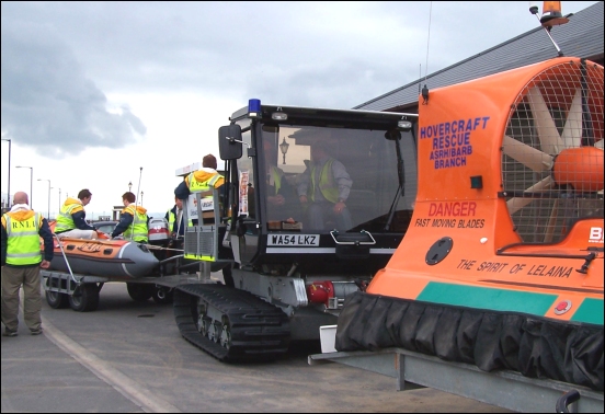 The hovercraft and RNLI D-Class lifeboat at the start of the parade through Burnham town centre