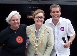 L to R: Organiser Christine Piper with Mayor Louise Parkin and Orchard FM's DJ