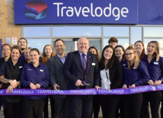 Highbridge Travelodge opening with Gary Steele (centre), Travelodge South West Regional Director, officially opens the new Highbridge Burnham-on-Sea Travelodge with hotel manager Yenny Rodriguez (right) and David Neal (left) Travelodge District Manager Somerset, Devon & Cornwall