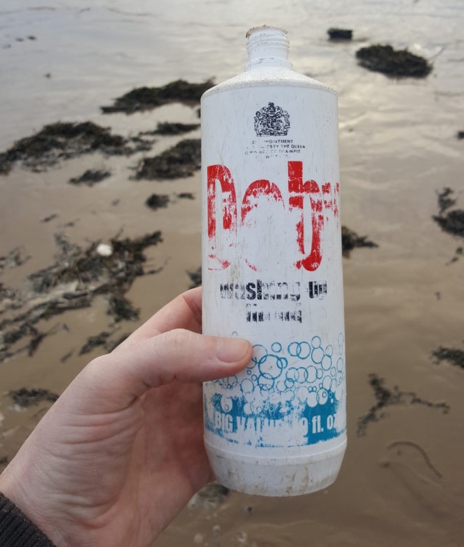 60 year-old plastic washing-up liquid bottle washes up on Brean beach