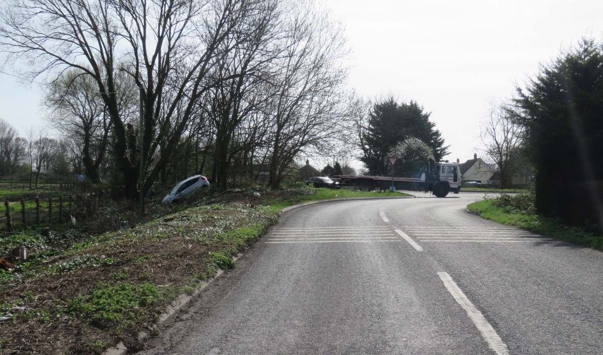 Car in a ditch in Edithmead Lane Burnham-On-Sea