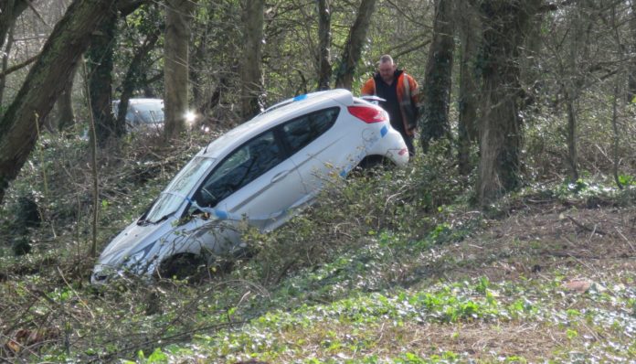 Car in a ditch in Edithmead Lane Burnham-On-Sea