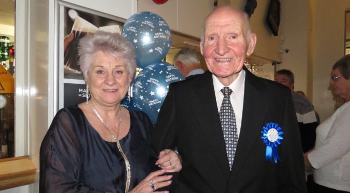 Burnham-On-Sea pensioner Dennis Salmon marks his 90th Birthday with his daughter and friends