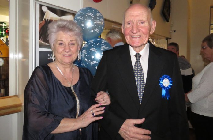 Burnham-On-Sea pensioner Dennis Salmon marks his 90th Birthday with his daughter and friends