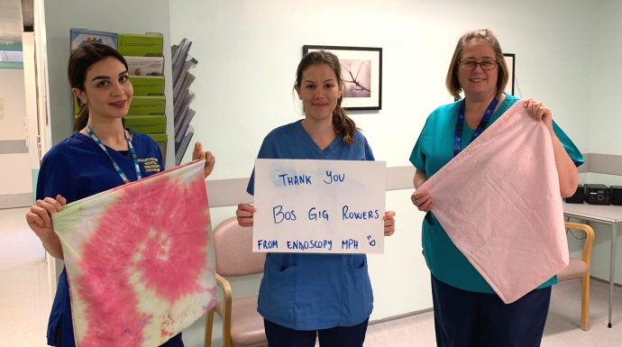 Burnham-on-Sea Gig Rowing club have been making washable uniform bags, ear savers and hats to give to healthcare workers