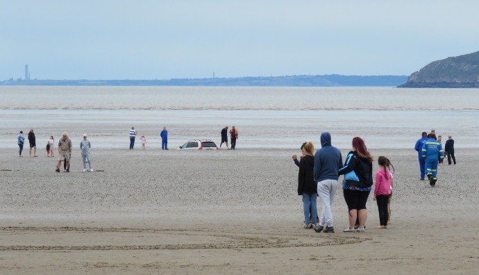 Brean beach stranded car