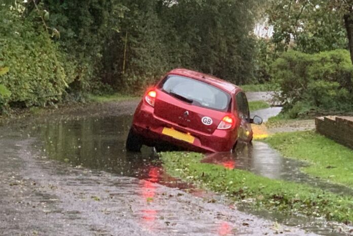Car in ditch in Church Road, West Huntspill