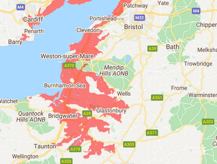 Somerset rising sea levels flood risk map 