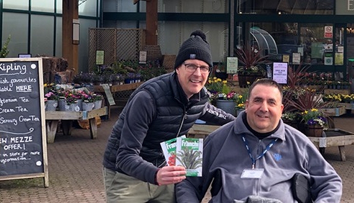 Rob Vohra, Manager of Sanders Garden Centre in Brent Knoll, with Cllr. John Mathews, Committee member of Forge Rhyne Allotments