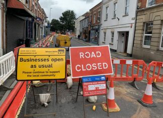 Wessex water roadworks in Market Street, Highbridge